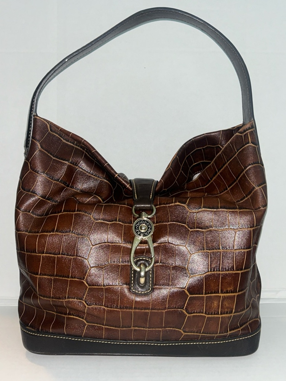 Dooney & Bourke Brown Croc Embossed Leather Logo Lock Hobo Bag